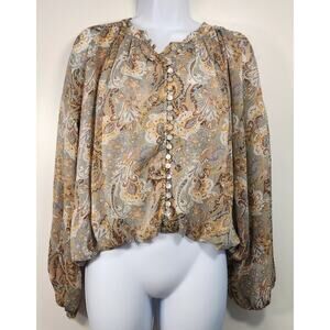 NWT Boheme Paisley Boho Blouse L Sheer Button Front Balloon Sleeve Top